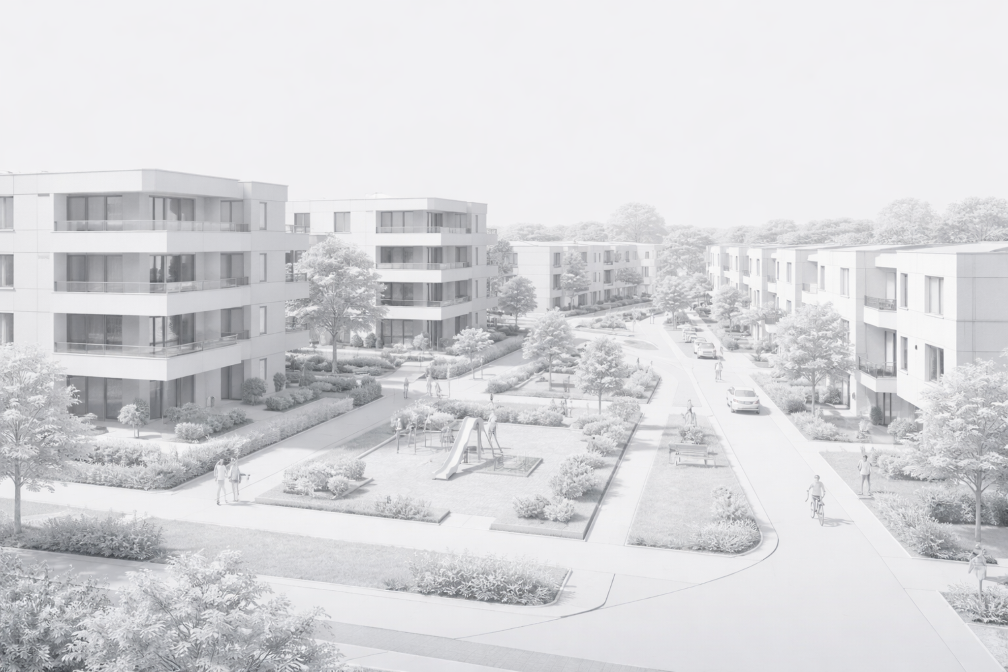 Architektonische Visualisierung eines hochwertigen Wohnquartiers mit klarer Struktur und Entwicklungsqualität